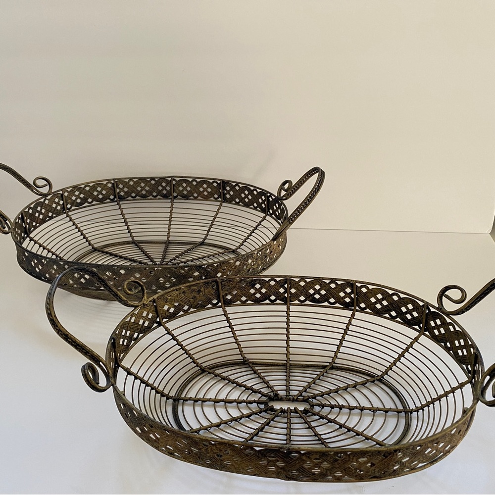 Antique Gold Looking Metal Nesting Baskets With Handles Set of 2